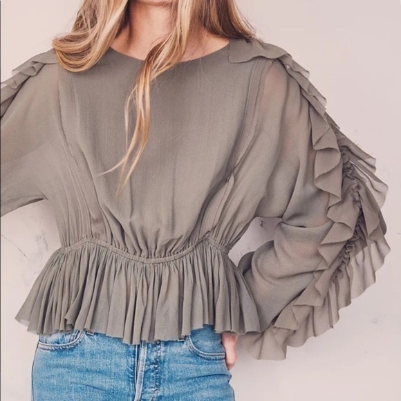 Love Shack Fancy • Olive Green Ruffle Nellie Sleeve Top - Picture 14 of 14